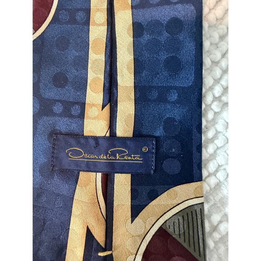 Oscar De La Renta Silk Tie Blue Gold Geometric Abstract Vintage 90's Men's - Picture 2 of 4